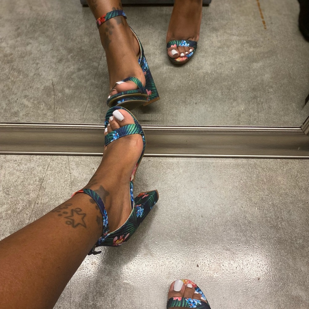 Navy floral print 2 strap block heel
